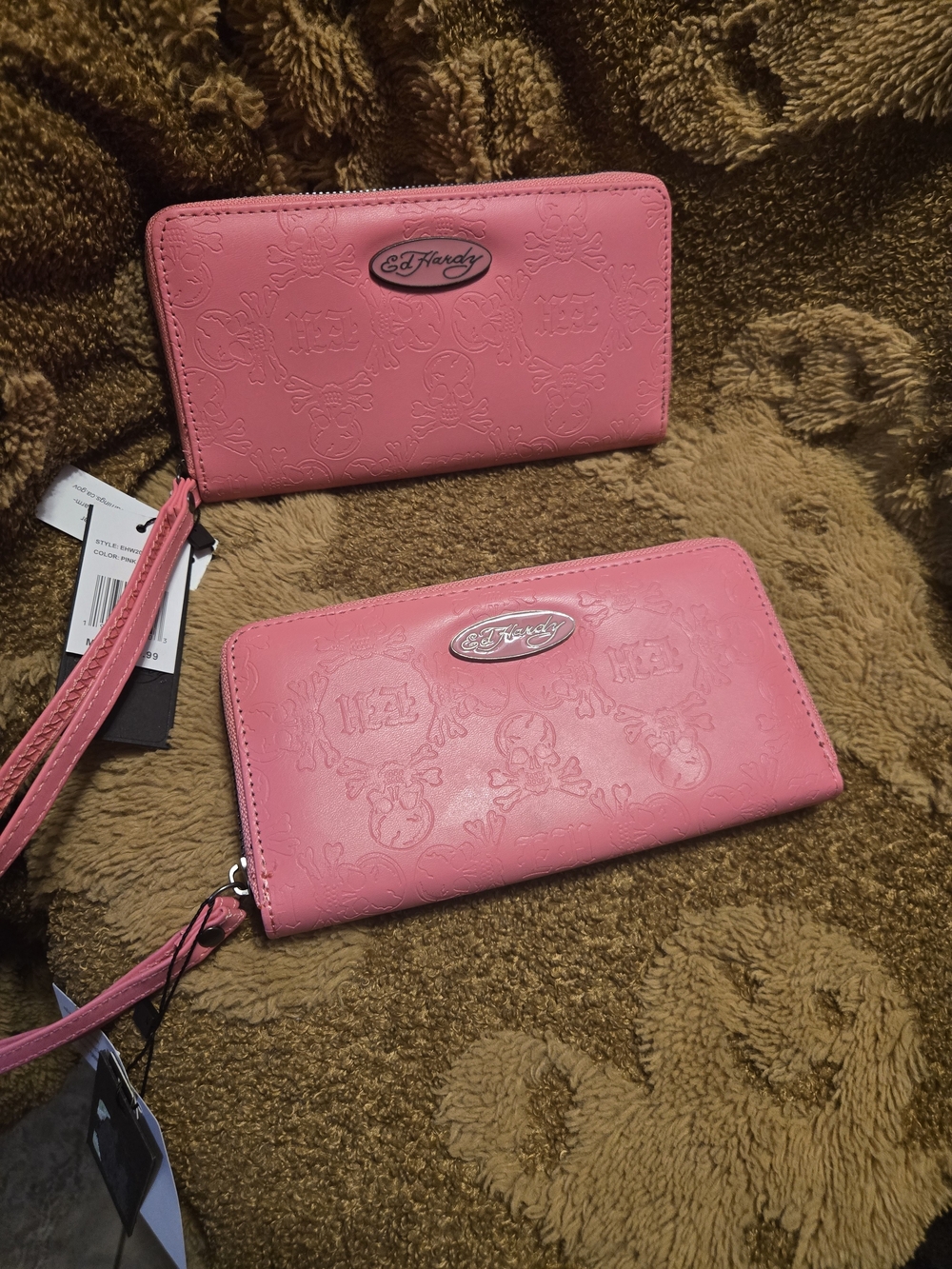 2 Walllets Ed Hardy Embossed Pink Zip-Around Wristlet.